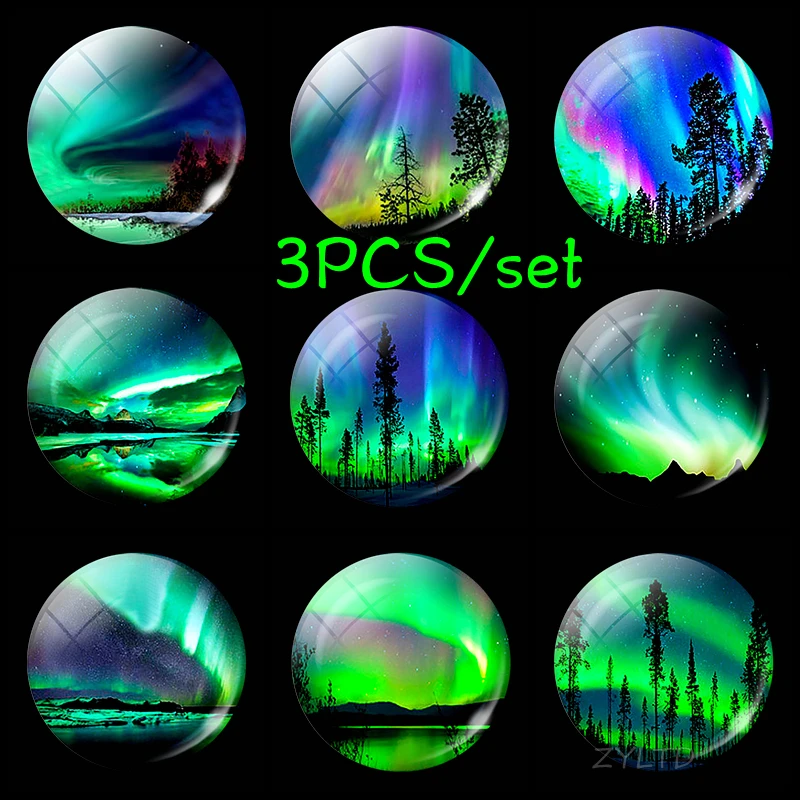 

Glowing Northern Lights Fridge Magnet Round Glass Cabochon 3PCS Set Luminous Aurora Diy Refrigerator Magnets Stickers Home Decor