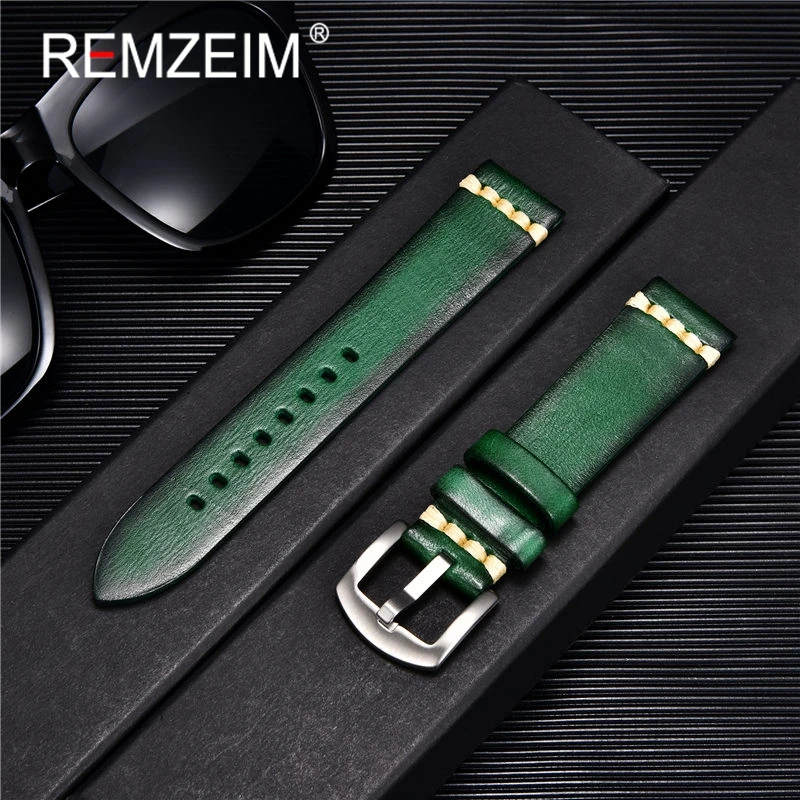 REMZEIM Wax Oil Skin Watch Straps 18mm 20mm 22mm 24mm Red Green Blue Vintage Genuine Leather Watch Band Calfskin Watch Straps