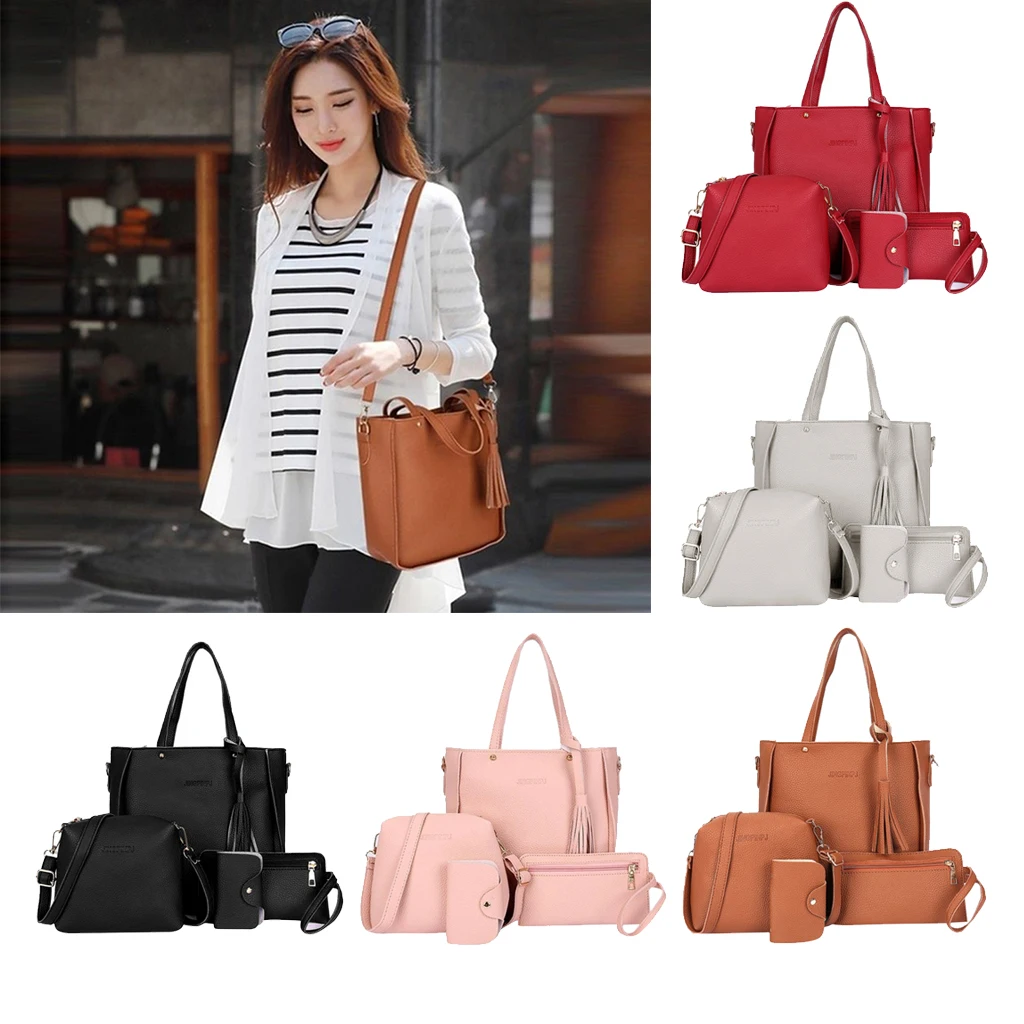 4Pcs Waterproof Womens Leather Casual Handbag Shoulder Bags Shopping Wallet Card Bag Set