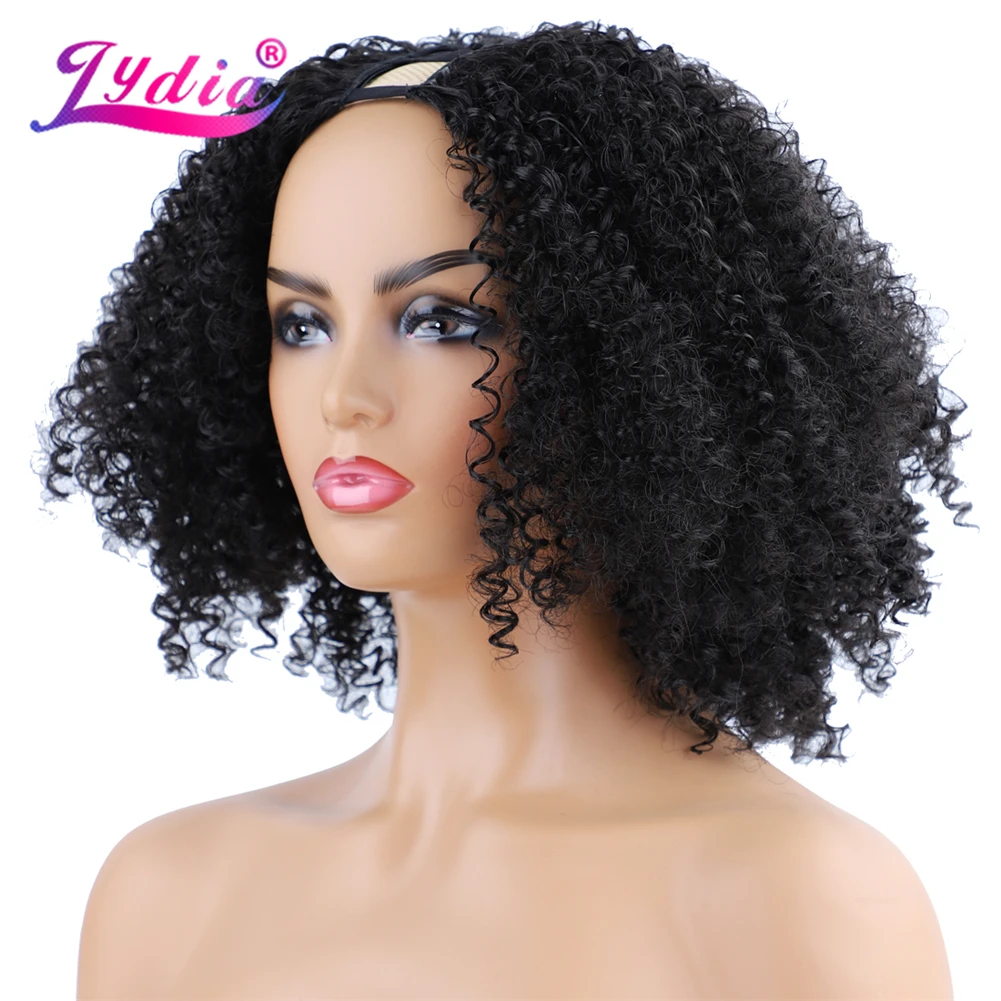 Lydia-peluca rizada Afro para mujer, pelo sintético resistente al calor, parte en U, Color negro, 130% de densidad, 16 pulgadas, diario, 1B #