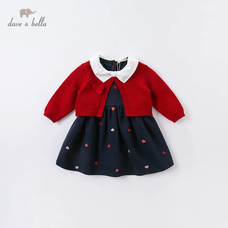 DBM14515 dave bella autumn baby girl's cute bow embroidery sweater dress children fashion party dress kids infant lolita clothes