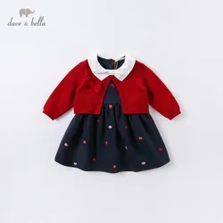 DBM14515 dave bella autunno del bambino della ragazza arco sveglio del maglione del ricamo del vestito dei bambini di modo capretti del vestito da partito infantile vestiti lolita