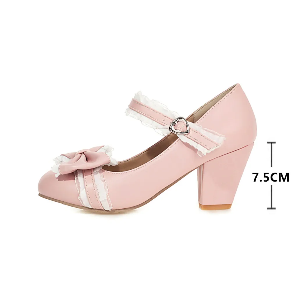 Spring Summer 2023 Ladies Heels Platform Cute Bow Lace Mary Jane Lolita Shoes Party High Heel Buckle Women Pumps Pink Blue White