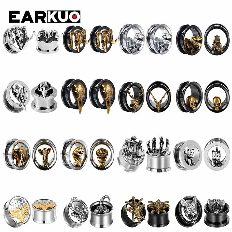 EARKUO Fashion Hot Product Stainless Steel Animal Design Ear Tunnels Plugs Body Piercing Jewelry Screw Ear Expanders Gauges 2PCS