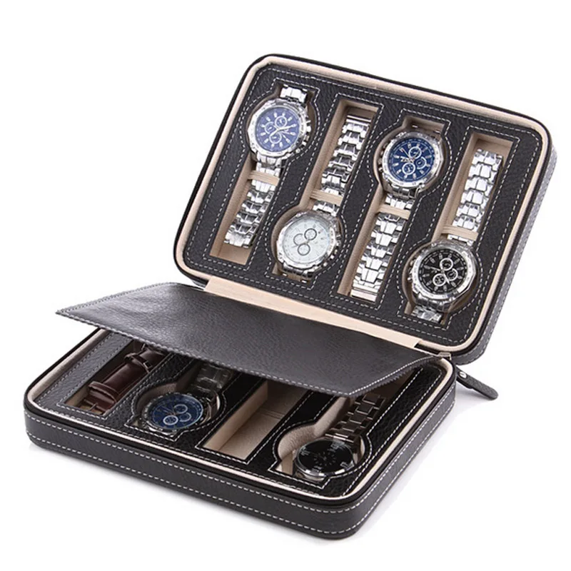 

High Level 8 Grids Leather Watch Box Luxury Zipper Style For Travelling Storage Jewelry Watch Collector Cases Organizer Box