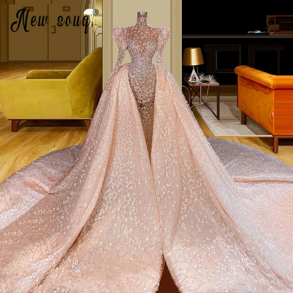 Vestidos de novia musulmanes de manga larga con cuentas y cristales, vestido de novia con purpurina y cola desmontable, vestidos de novia árabes personalizados