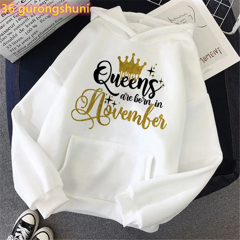 Fashion Women Clothing Golden Crown Queen Are Born In January To December Graphic Print Hoodies Harajuku Birthday Sweatshirt