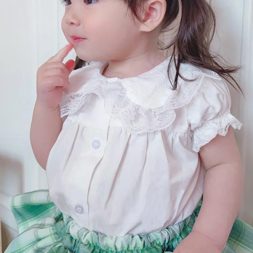 

Summer baby girl Spanish Lolita Short Sleeve Shirt+Plaid strap ball gow Dress Birthday Party Easter Eid Sets Dress