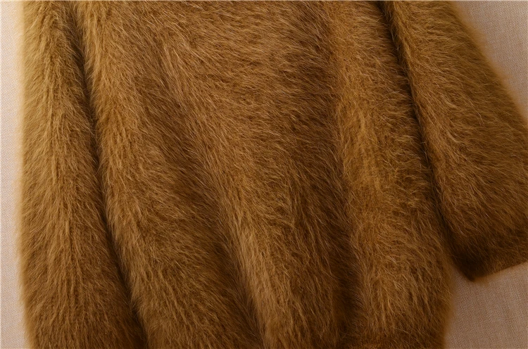 Korean women\'s short brown sweater Plush Angora rabbit hair knitted waist closed foam sleeve o-neck sable coarse pullover