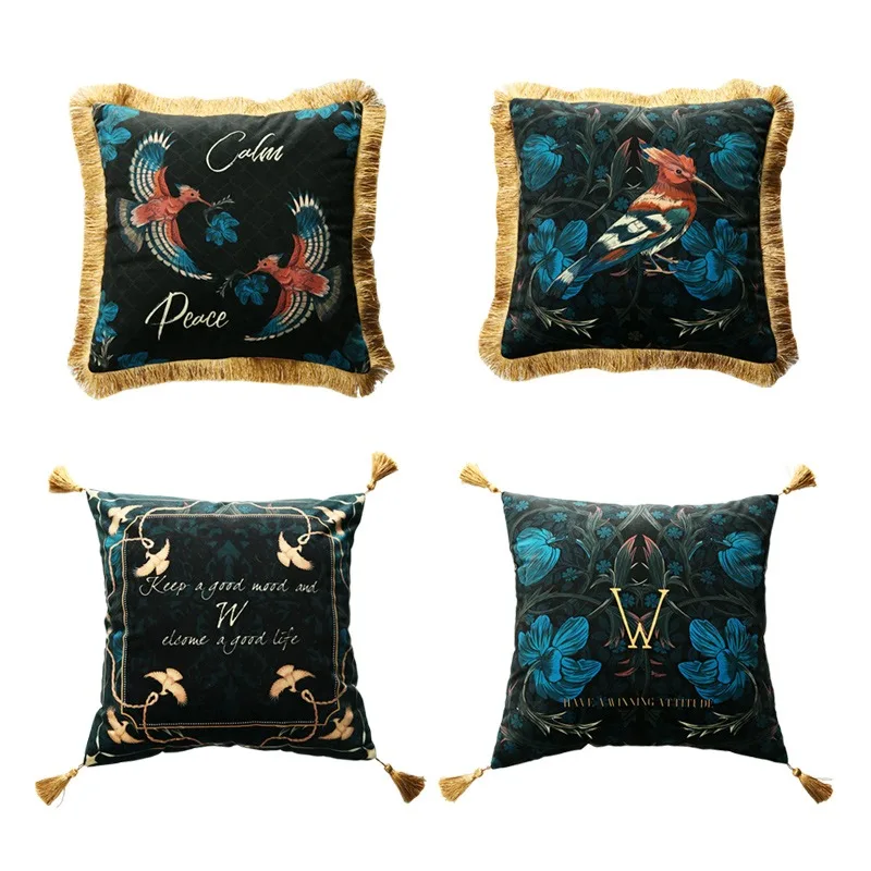 Luxury Animal Style Cushion Cover, Beautiful Birds, Velvet Couch Throw Pillow Case, Sham Pillowcase, Dark Green, 30x50cm