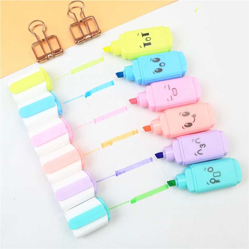 

6-color cute face Highlighter Standard oblique tip Student notes key marker pen Children's drawing with colored pens