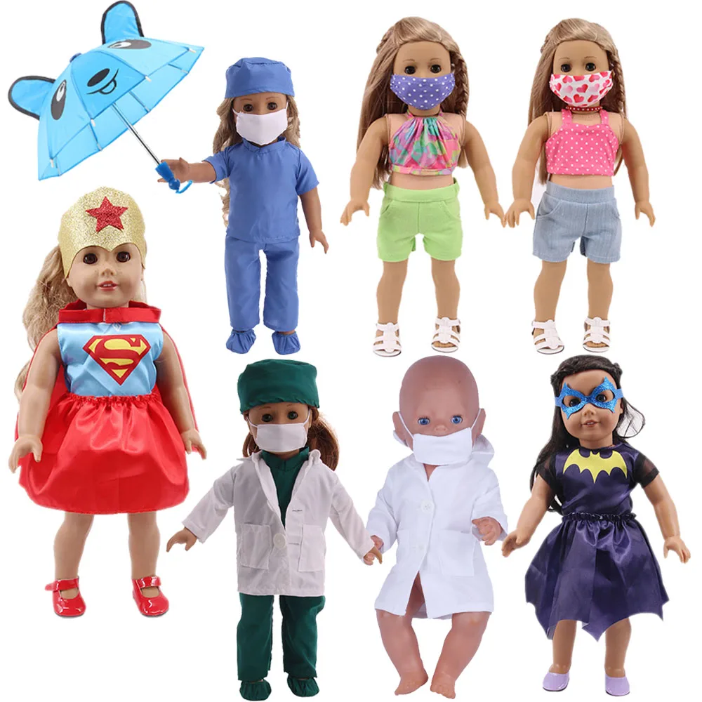 Doll Clothes Umbrella Mask Doctor Uniform Clothes Superhero Suits Fit 18 Inch American Doll&43Cm Baby Doll Clothes