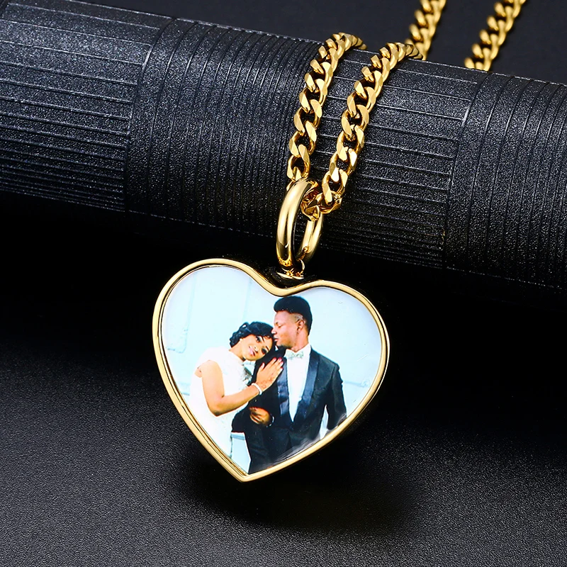 Heart Pendant Custom Photo Engraved Name For Pendant Necklace Memory Medallions Hip Hop Jewelry Women Men Couple Custom Gift