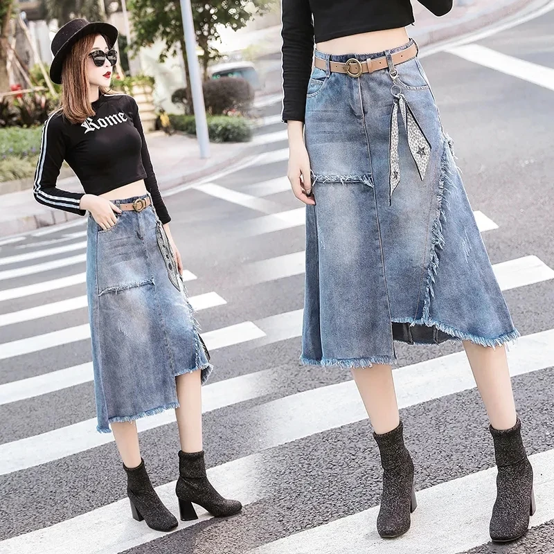 

Female Clothing 2023 Spring Sumemr Women Plus Size New Denim Long Midi Vintage Asymmetrical High Waist Skirt Jupe Faldas Femme