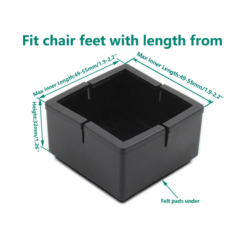 16Pack Chair Leg Floor Protectors Chair Leg Caps Length(49-55mm) Width(49-55mm) Table Chair Feet Protectors with Felt Pads Black