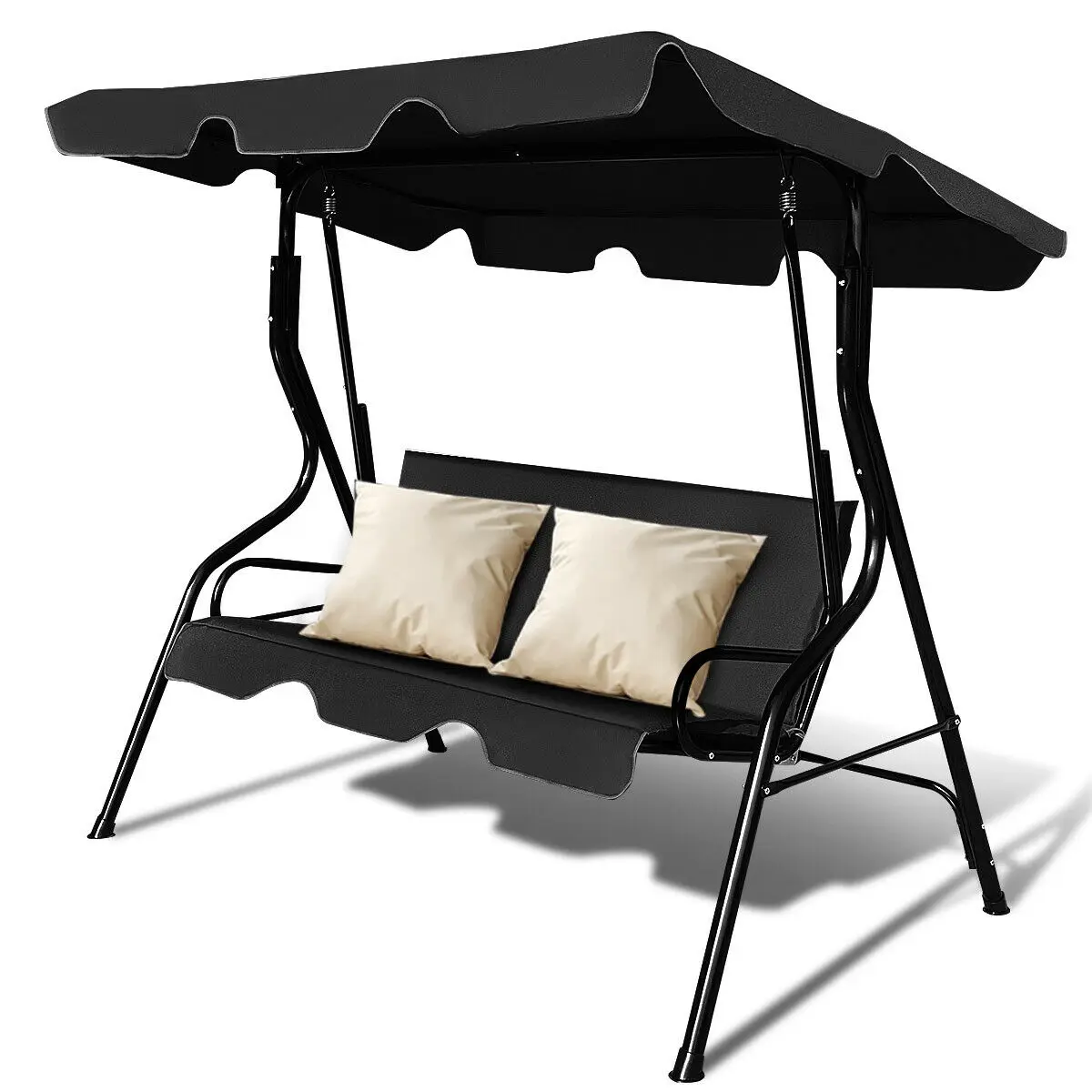 Costway 3 Seats Patio Canopy Swing Glider Hammock Cushioned Steel Frame Backyard Black