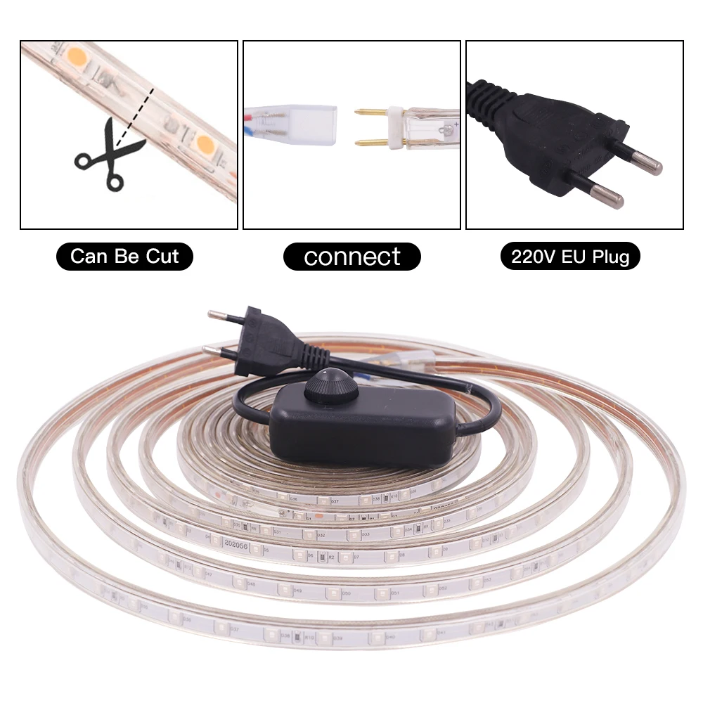 조도 조절식 LED 스트립 라이트, 유연한 야외 방수 램프 스트립 5050, 백색 녹색 황색 적색 청색 LED 테이프, AC 220V, 110V, 60LEDs/m