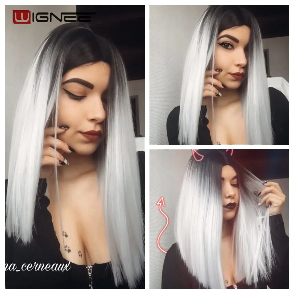 Wignee Synthetic Wig Cosplay Short Hair Wig For White Women Purple Light Gray Straight Wig High Temperature Fiber Daily Life