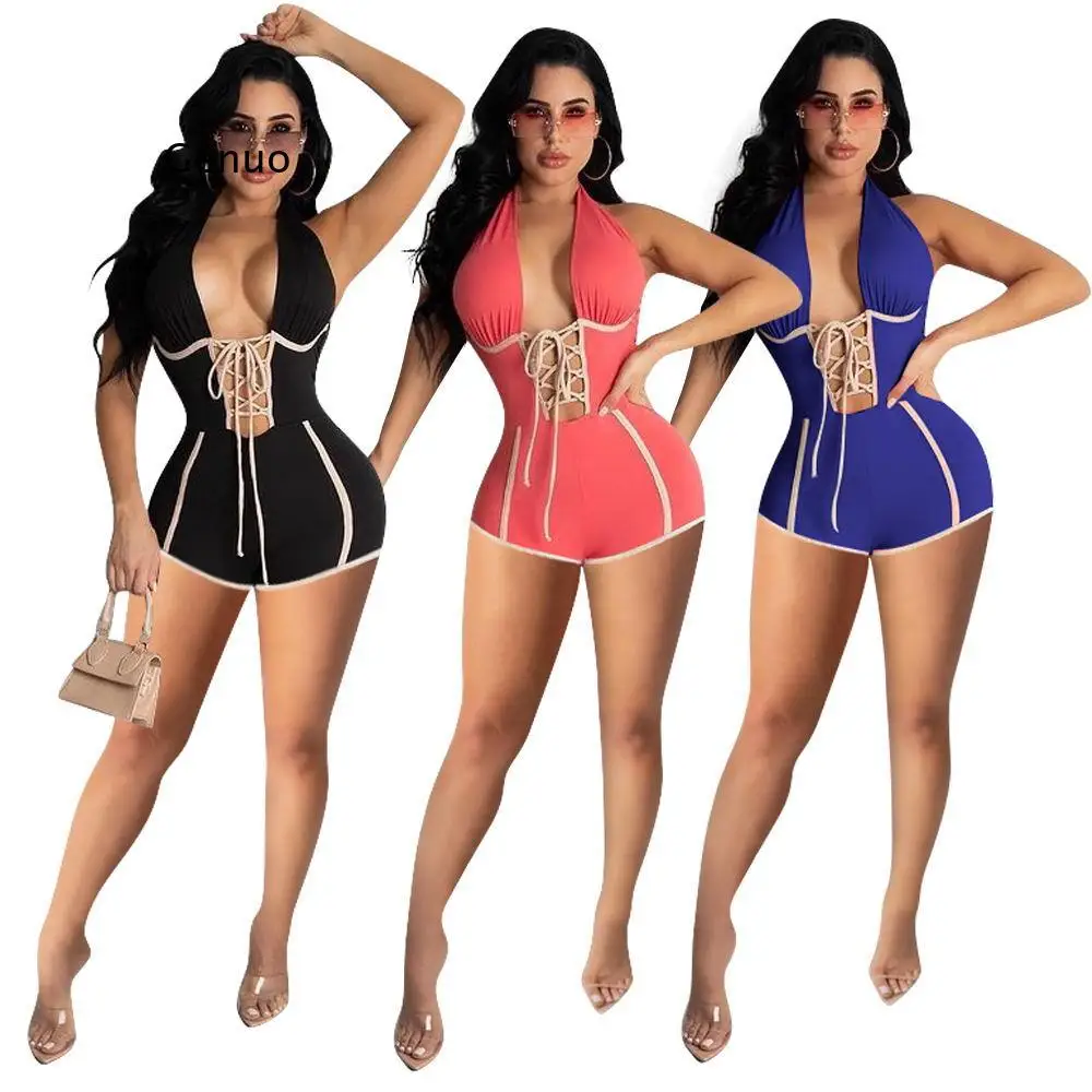 

Sexy Cut Out Lace Up Halter Bodycon Rompers Womens Jumpsuit Shorts Women Clothing Summer Outfits