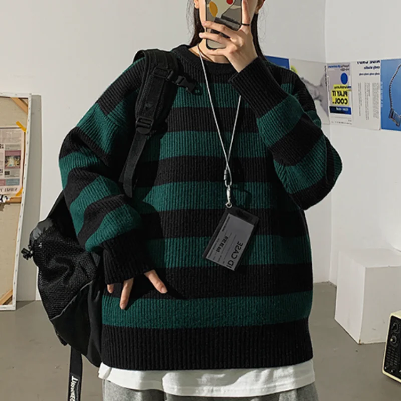 Autumn Knitted Striped Sweater Women Pullovers Casual Pullovers Green Oversized Sweater Jumper Teen Gril Streetwear Fall Sweater