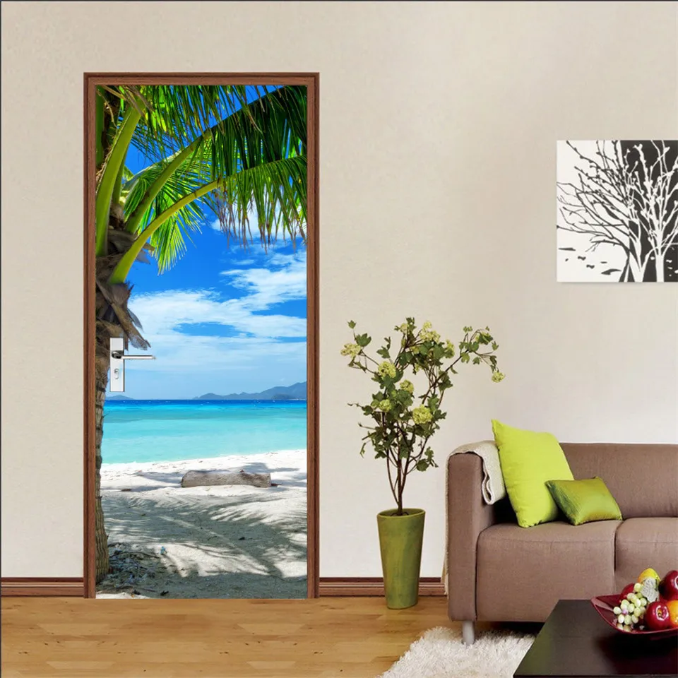 Beach Sun Self-adhesive Door Wallpaper 3D PVC Home Design Decoration Sticker Porte Scenery Poster Mural Wall Decals deursticker