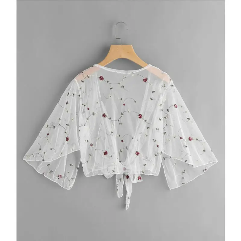 Womens Tops En Blouses Zomer Bloemen Blouse Shirt Vest Dunne Uitloper Hollow Out Blouse Cover Up Blusas Femininas Elegante