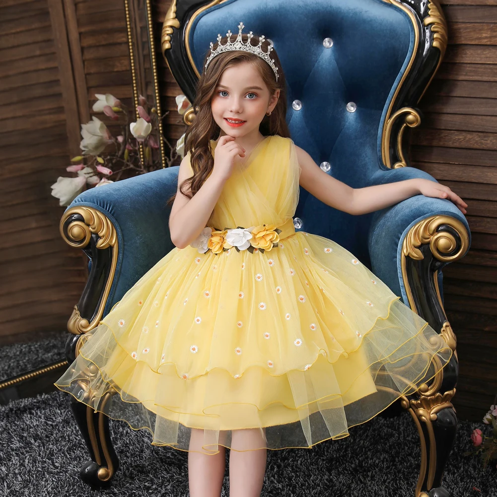 Bambino giallo a strati belle ragazze abiti da compleanno per bambini Fluffy scollo a v fiore bambina vestito al ginocchio 2-8 anni