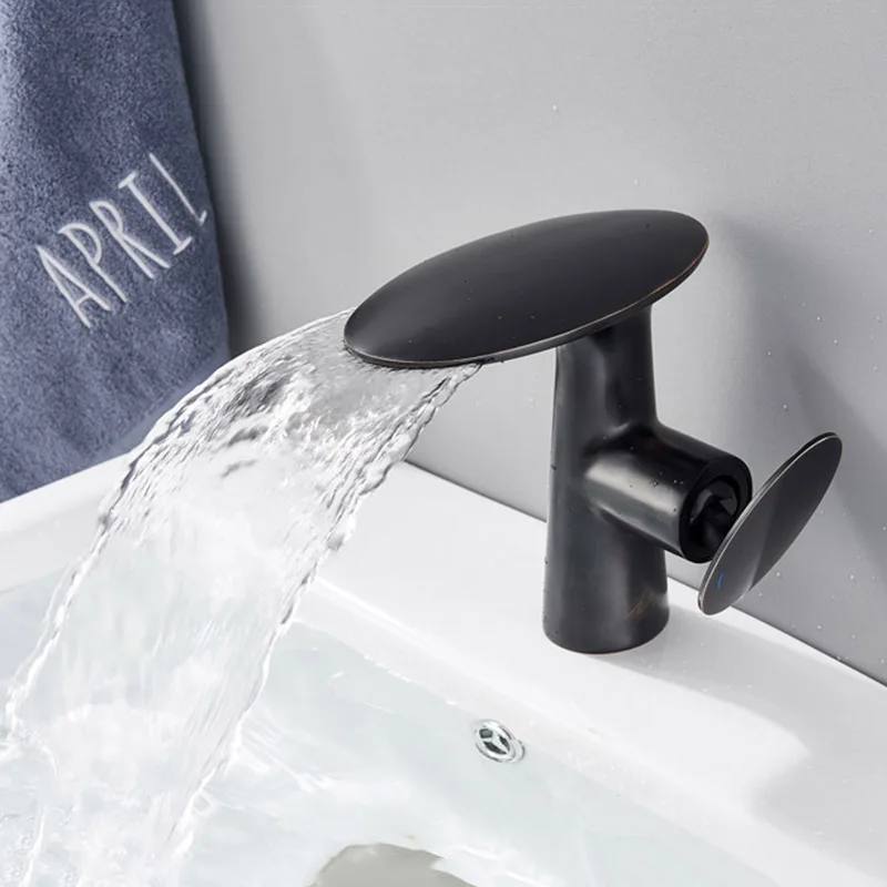 Black Waterfall Basin Faucet Deck Mounted Bathroom Vessel Sink Mixer Tap Single Lever Basin Sink Faucet Hot Cold Water