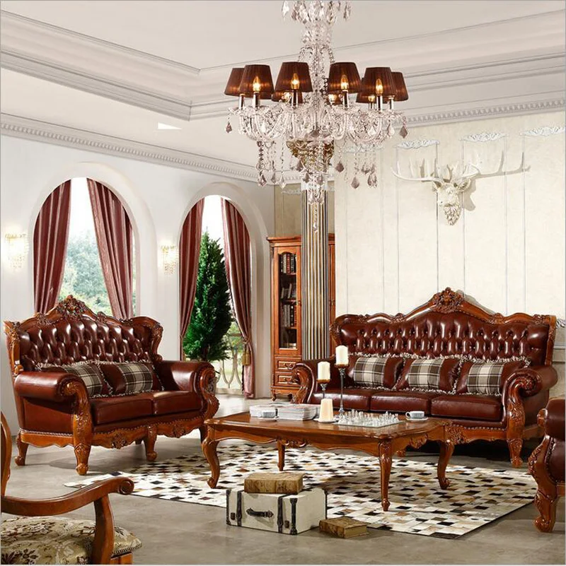 high quality  European  antique living room sofa furniture genuine leather set 10250