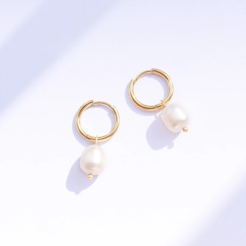 INS Trendy Natural Freshwater Pearl Charm Drop Hoop Earrings for Women 18k Gold Color Dangle Earring Waterproof  Jewelry Gift