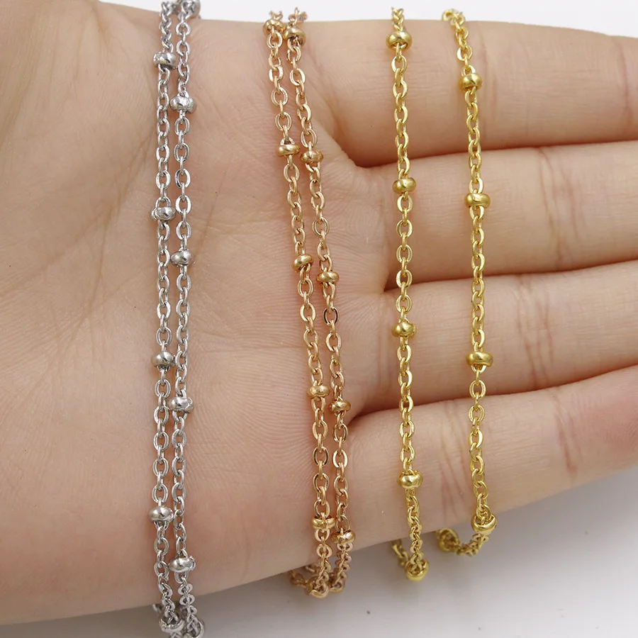 20pcs 304 Stainless Steel 2mm Beads Link Chain Necklace Gold Steel Tone 45 50 55 60 75CM Long Chain Lobster Clasp Necklace