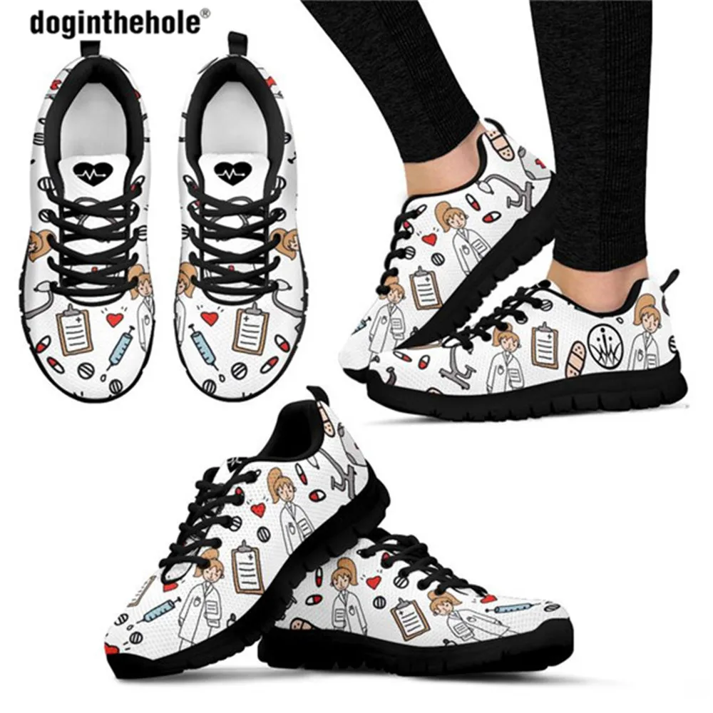 

Cartoon Sketch Physio Print Flats Shoes Women Casual Mesh Summer Nurse Sneaker Light Lacing Footwear for Teen Girls New Fashion