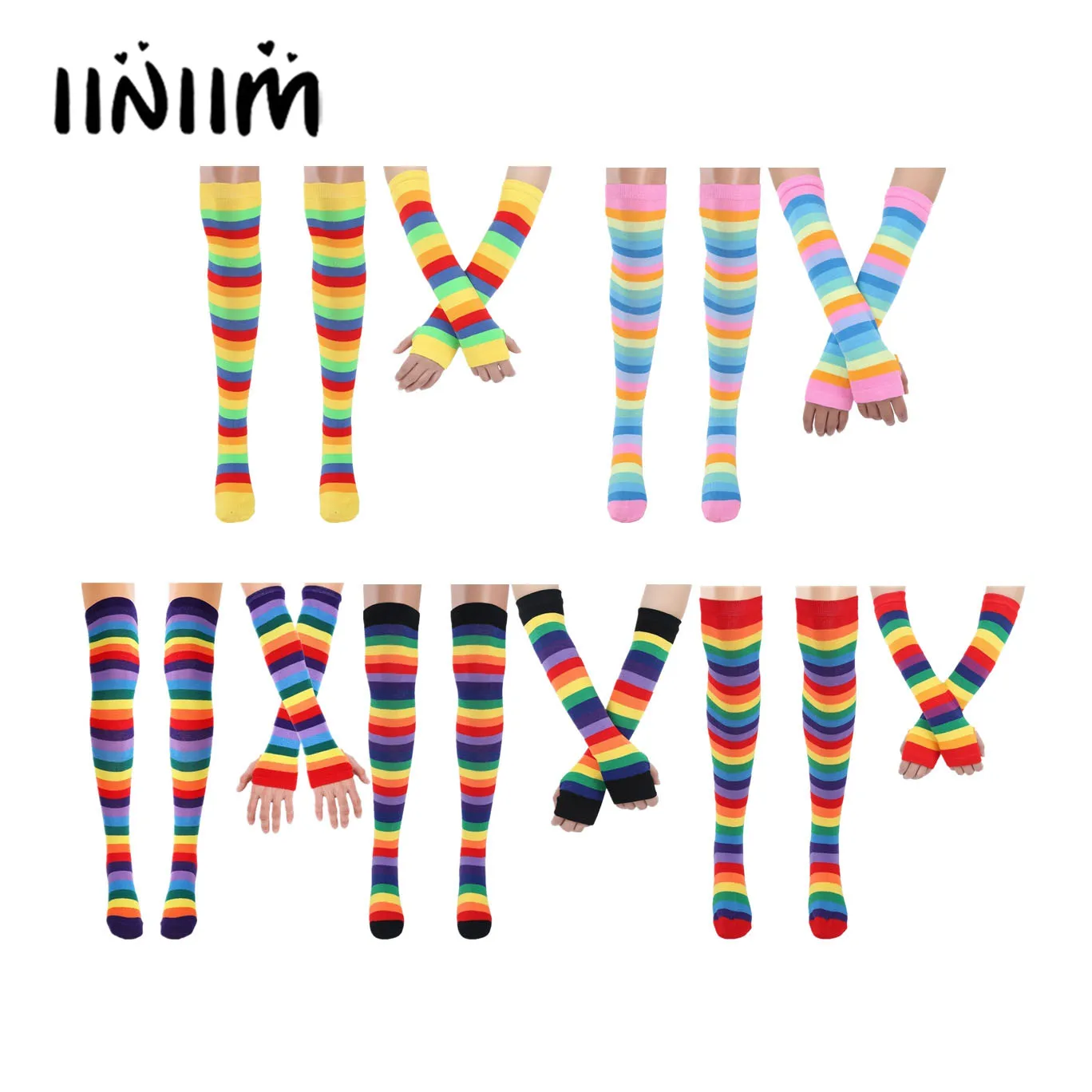 Women Girls Colorful Rainbow Striped Knee Thigh High Socks Stockings Gloves Perfect for Halloween Costume Fun Party Cosplay Gift