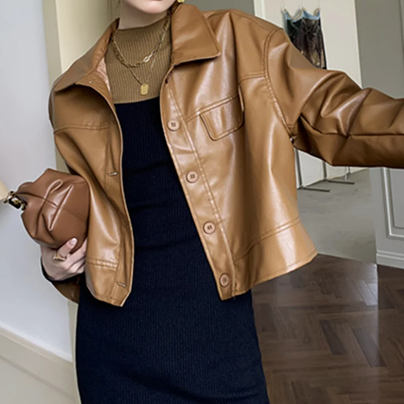 

Korean Fashion Leather Jacket Women Streetwear Loose Button Moto Bike Jacket High Street Casual Cropped Leather Coat Winter 2021