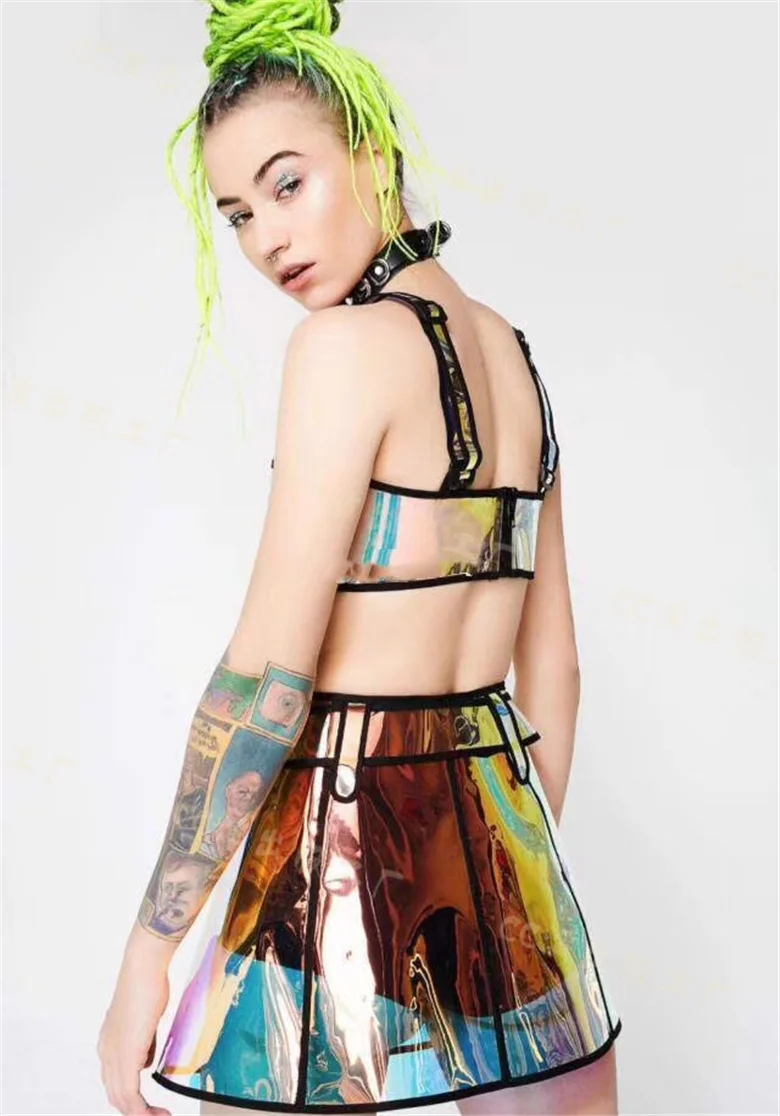 Conjunto de sujetador con holograma láser y falda para mujer, disfraces sexys para fiesta, Festival de Música, club nocturno, inicio automático, espectáculo Harajuku