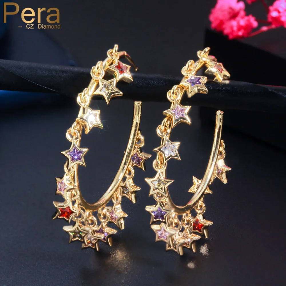 

Pera Romantic Colorful CZ Zircon Yellow Gold Color Dangle Lucky Star Big Circle Hoop Earrings for Best Friend Jewelry Gift E667