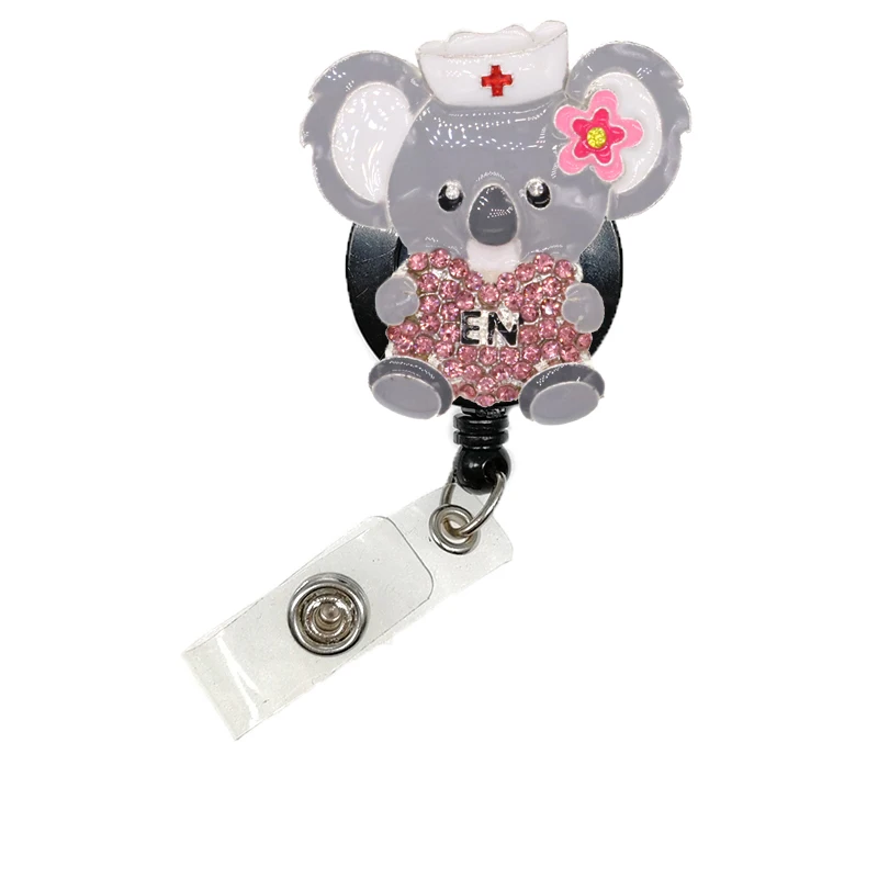 

Free Shipping Enamel Animal Koala ID Badge Holder Rhinestone RN Medical Retractable Badge Reel For Nurse Gifts with Clip