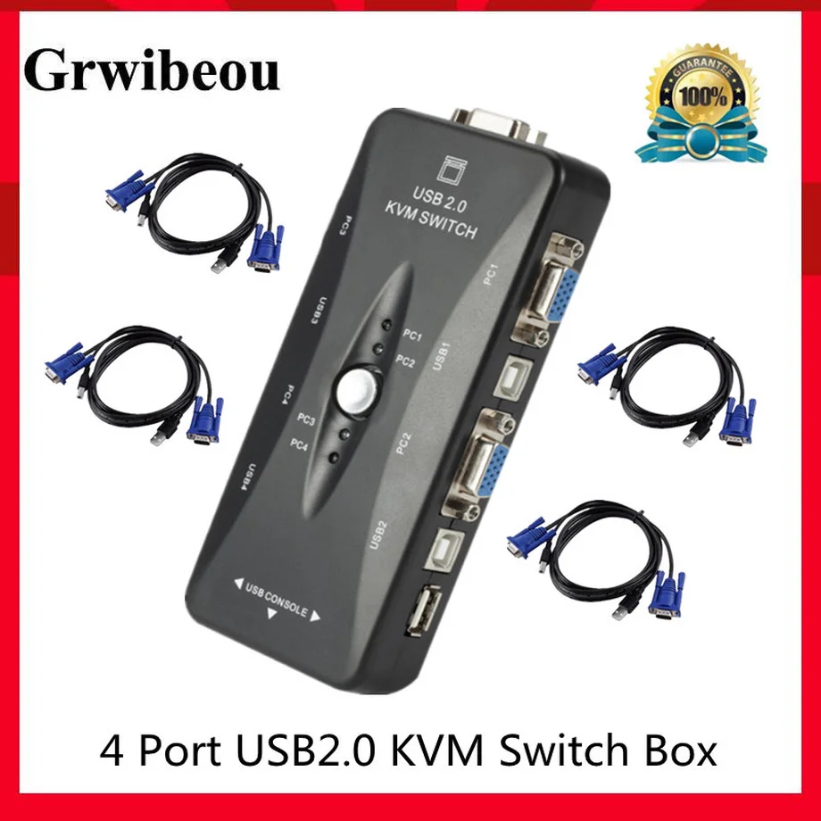 KVM-переключатель Grwibeou с 4 портами, USB 2,0, VGA, разветвитель мыши, принтера, клавиатуры, флеш-накопитель, коммутатор 1920*1440, VGA, адаптер-переключатель