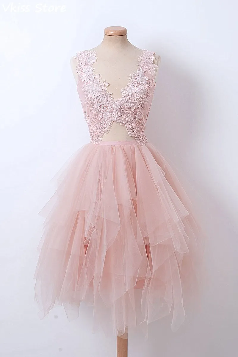 Rose Pink Cocktail Dresses 2020 A-line Sleeveless V-neck Crop Top Applique Laces Ruffel Formal Dress платья знаменитостей