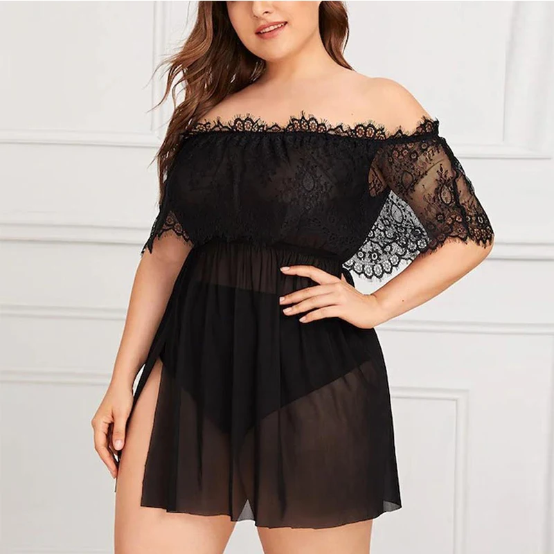 Fashion Plus Size Lace Night Dress Lingerie Womens Clothing Sexy See Though Sleepwear Spaghetti Strap hollow nighties for lady