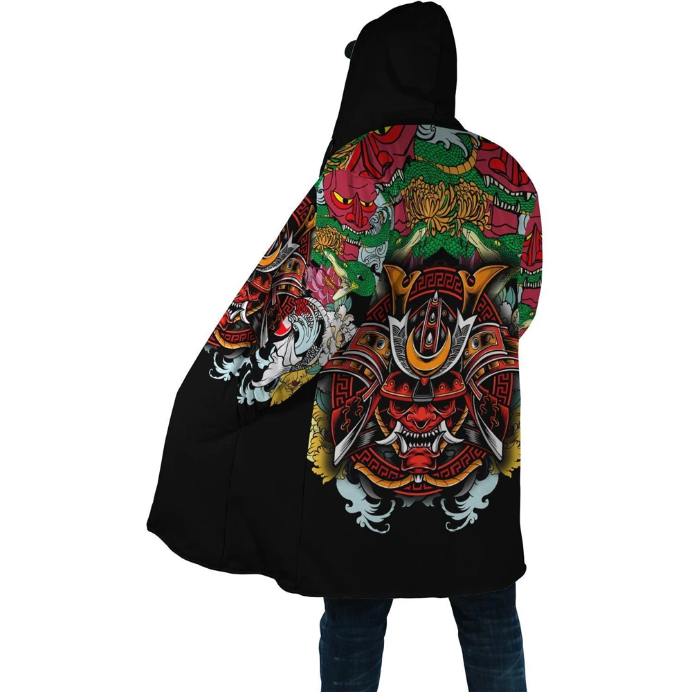 Fashion Mens Hooded Cloak Samurai Oni Mask Tattoo 3D Full Printing Fleece Coat Unisex Casual Thick Warm Cape Style - 2NF04