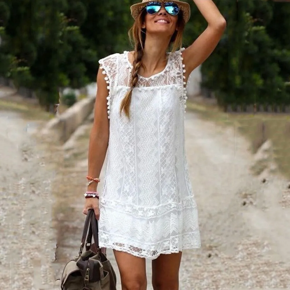 Summer Sexy Sleeveless White Lace Women Elegant Pom Pom Trim Floral Hollow Out Mini Short Dress