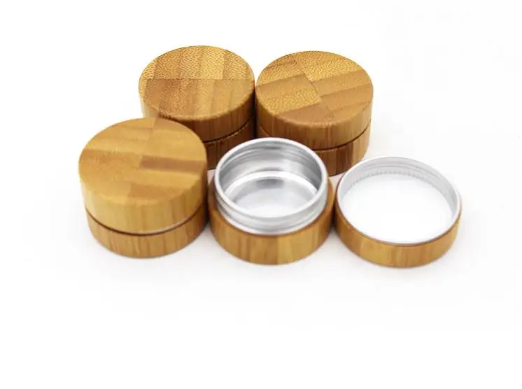 

50pcs CBD biodegradable 100% organic Natural cosmetic bamboo container10g 30g aluminum lip balm cream jar with wooden cap