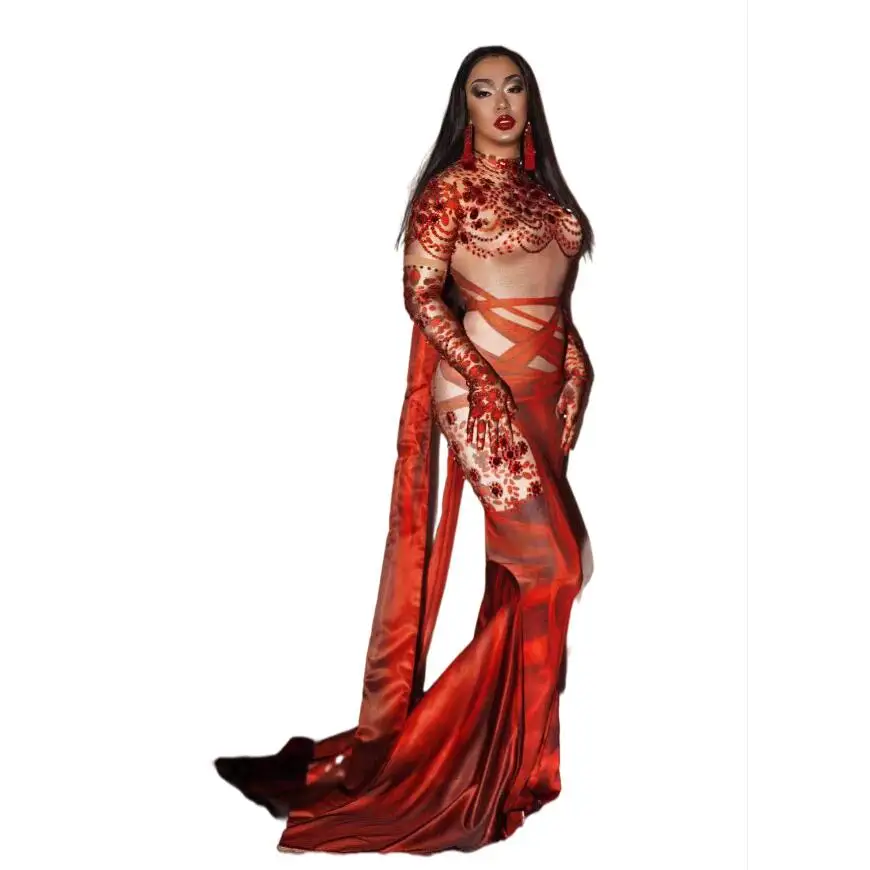 

New Luxury Red Rhinestone Print Slim Mermaid Dress Singer Dance Stage Performance Costume Evening Party Celebrate Long Dresses