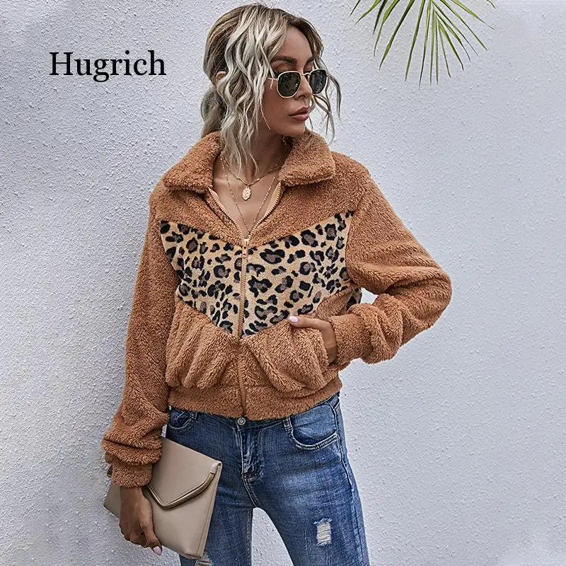 

Leopard Patchwork Teddy Cashmere Jacket Women Autumn Winter Short Plush Coat Pocket Warm Fleece Jacket for Women