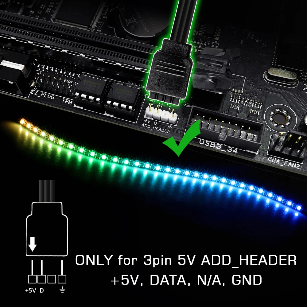 

RGB LED Strip Pixel Light Addressable WS2812B 3Pin Headers for PC Computer Case Mainboard Panel - (+5V DATA GND) 5050