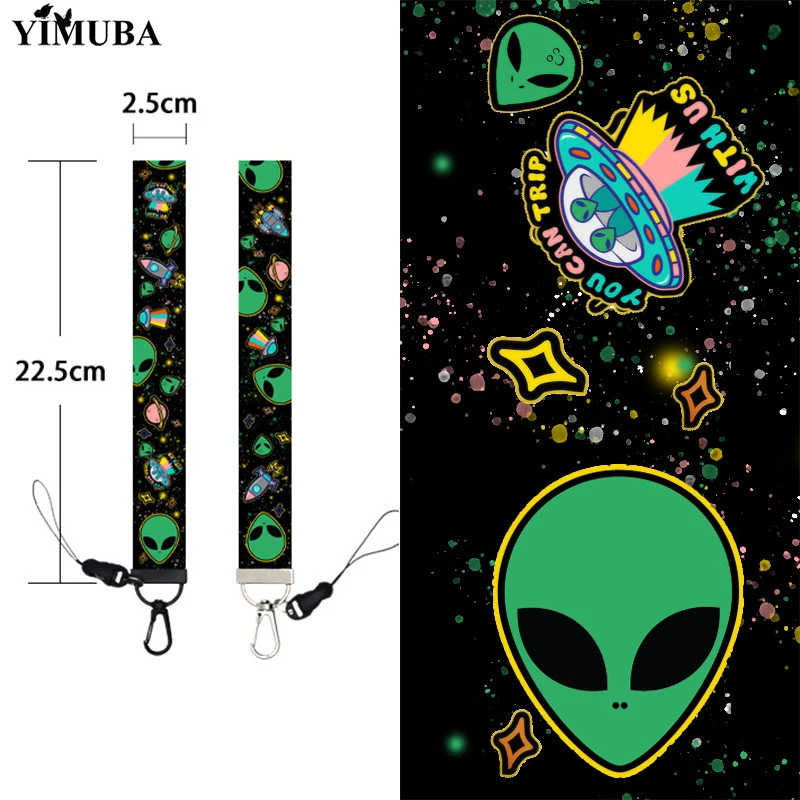 Funny Outer Space Alien Lanyard Key Chain Multifunction Cartoon Printed Webbing DIY Remove Buckle Wrist Rope Lariat Phone Strap