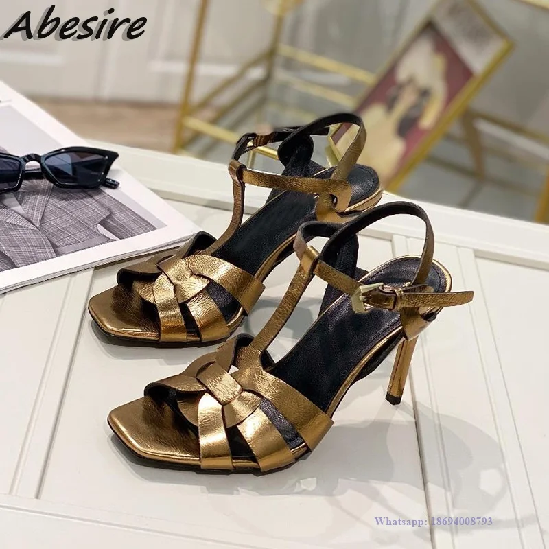 Abesire New Women\'s Sandals Square Toe Buckle Strap High Heels Summer Brown Red Shoes For Women Fashion Stilettos zapatos mujer