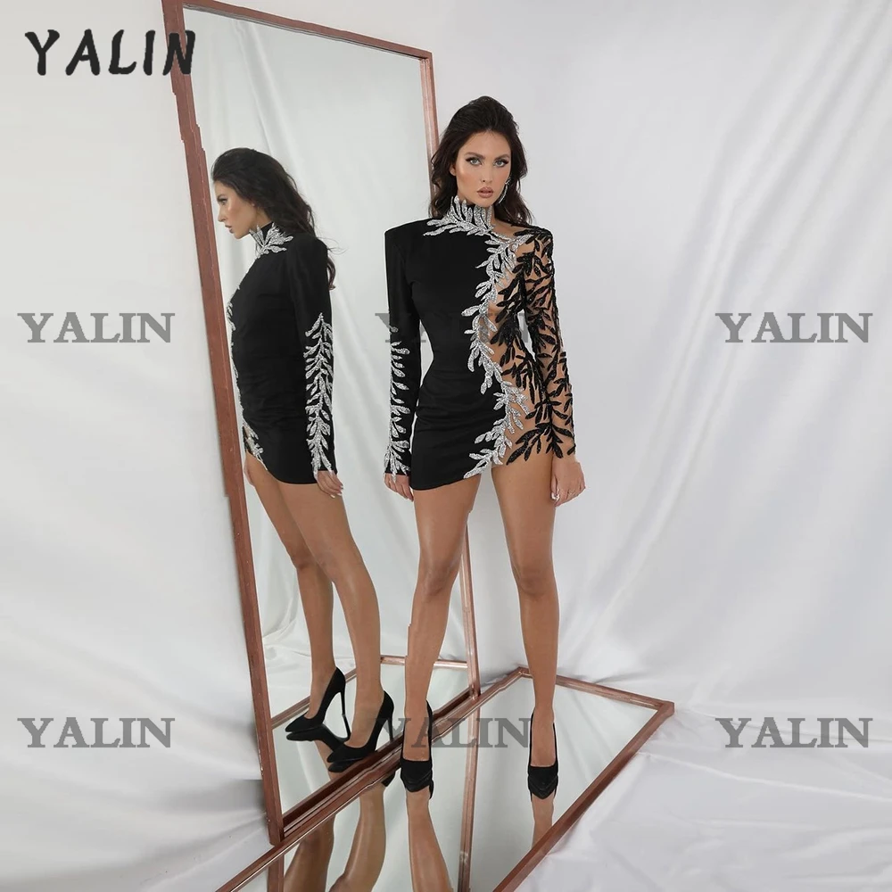 YALIN Sparkles-vestidos De graduación De cuello alto, negros, mangas largas, transparentes, Mini longitud, apliques De lentejuelas, vestido De fiesta, batas De Soirée