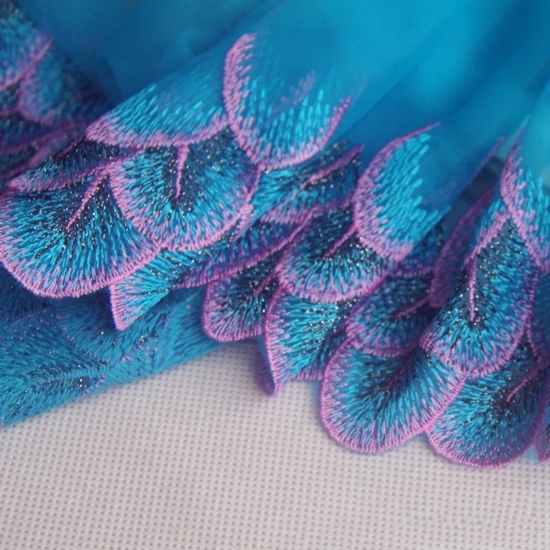 Blue Mesh Peacock Feather Pattern Embroidery Lace Fabric DIY Clothing Cheongsam Costume Dress Water Soluble Hem Trim Dentelle